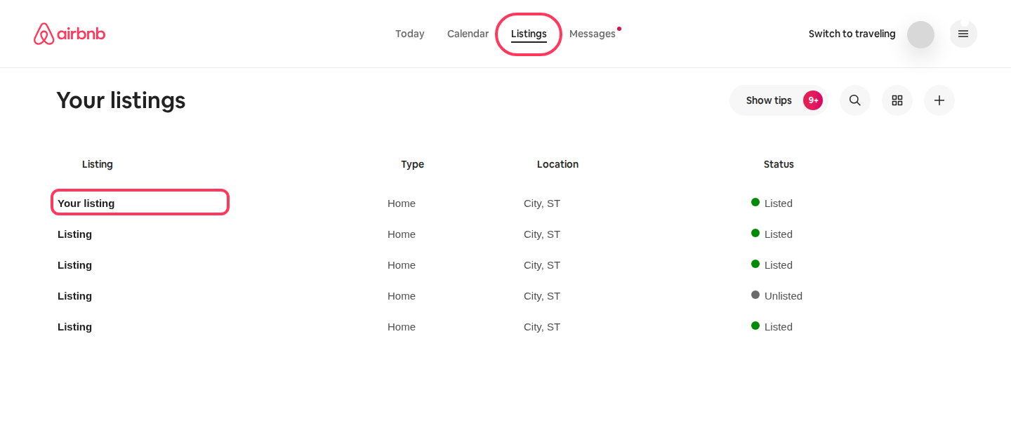 Airbnb hosting Listings page with the Listings tab and first listing highlighted