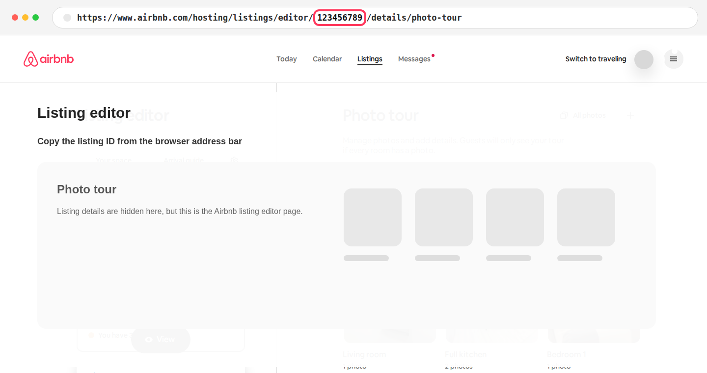 Airbnb listing editor with the listing ID portion of the URL highlighted