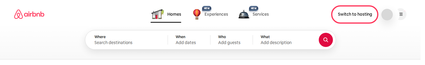 Airbnb homepage with Switch to hosting highlighted