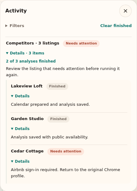 Activity separates finished properties from a property needing Airbnb sign-in; a batch can finish with an unresolved listing.