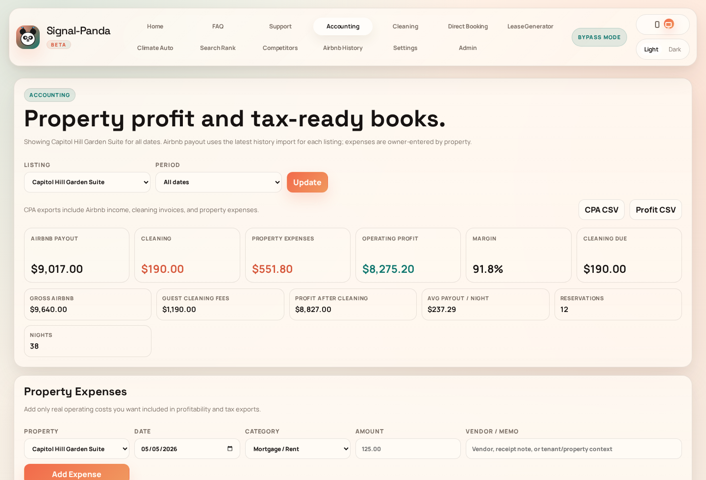 Accounting dashboard with payout, expense, cleaning, and profit metrics