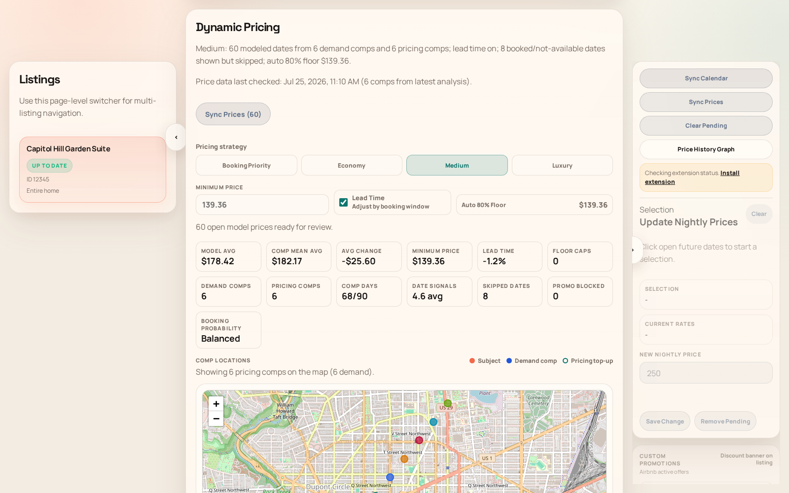 Dynamic Pricing preview showing recommended prices, pricing strategies, and a map of comparable rentals